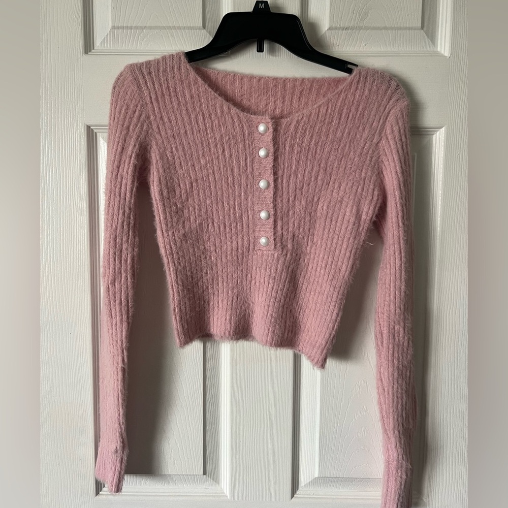 Shein Women’s Pink Ribbed Long Sleeve Sweater with Pearl Buttons
